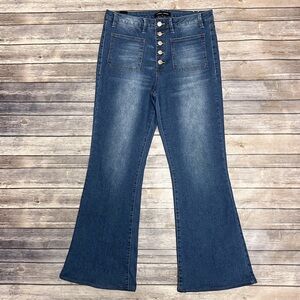 Almost Famous Medium Wash High Rise Button Fly Patch Pockets Flare Jeans Juniors